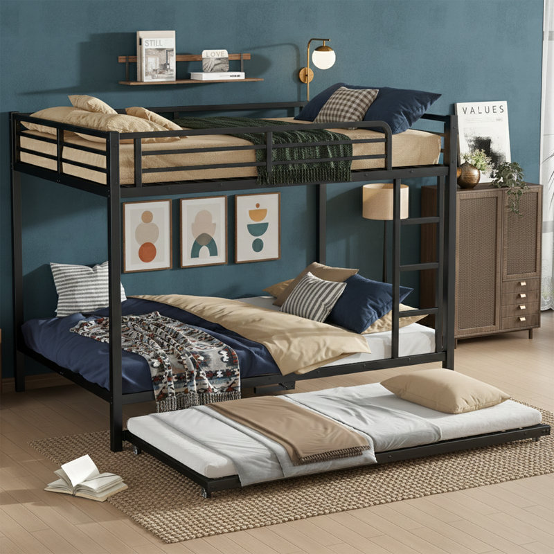 Full Over Full Metal Bunk Bed with Twin Trundle, Heavy Duty Space-Saving Bed Frame, Full over Full