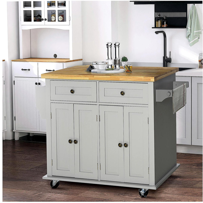 Kitchen Island Cart with Rubber Wood Top, Spice Rack, Towel Rack, and Drawer, for Restaurant, Grey, Gray