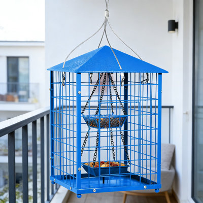 Mangeoire pour oiseaux en cage résistante aux écureuils avec toit résistant aux intempéries - Cage en métal robuste protégeant les vers de farine et les graines des grands oiseaux et des écureuils, y compris les tasses à graines amovibles