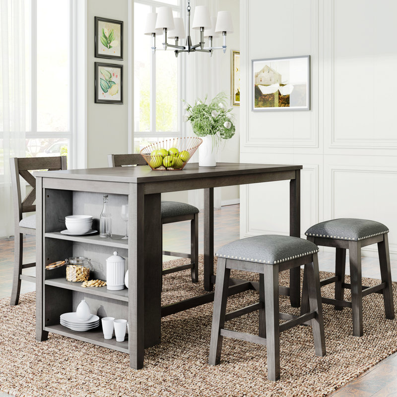 Ensemble de table de bar en bois à hauteur de comptoir classique avec 2 tabourets et 2 chaises, Gris, Gris
