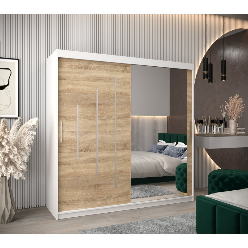 Natalie 2 Door Manufactured Wood Wardrobe, 200 cm H x 200 cm W x 62 cm D, Matt white/Sonoma oak