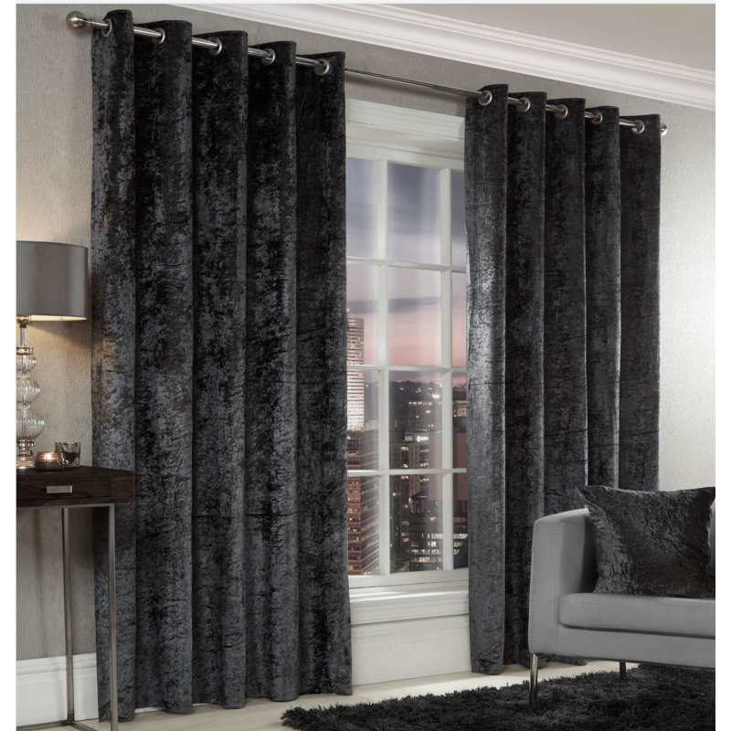 Eleanora Crushed Velvet Eyelet Panels, Width 117 x Drop 137 cm, Charcoal