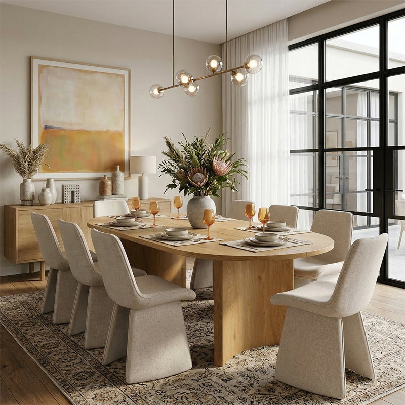 79" Oval Dining Table Set For 8, Modern Wood Grain Dining Room Set With Upholstered Dining Chairs, Khaki