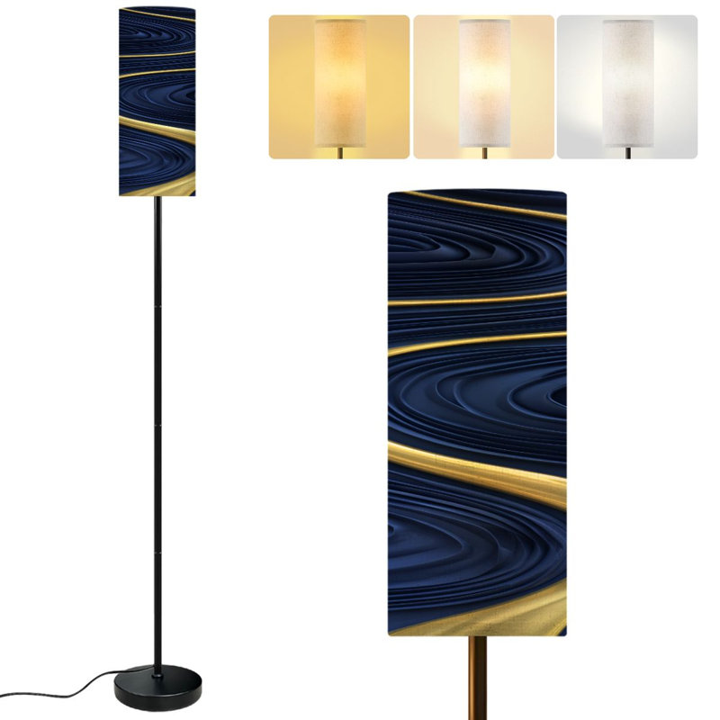  68.5" Standing Floor Lamp luxury Blue marble gold abstract Indigo ocean blue marbling Dimmable Metal Pole Lamp with Linen Lampshade LED Bulb Included
