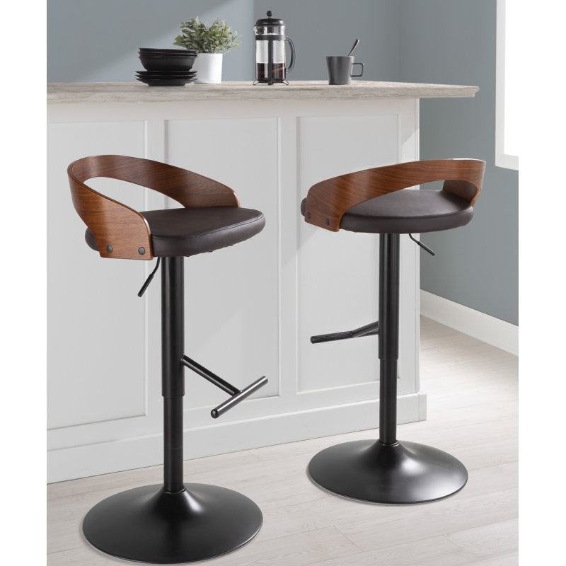 Cream Adjustable Swivel Bar Stool with Walnut Backrest