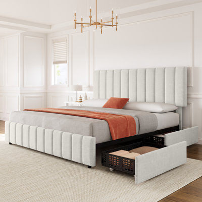 King Size Upholstered Platform Bed Frame With 4 Storage Drawers, Linen Upholstery, Adjustable‑Height Headboard, No Box Spring Required, Easy Assembly, White