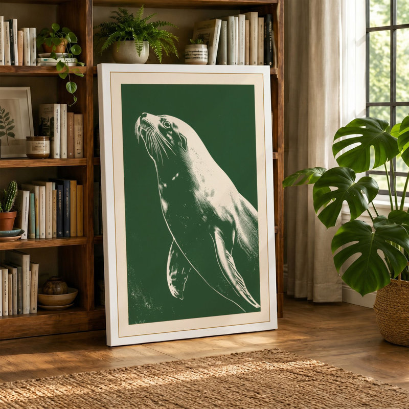 Graceful Seal Study Japandi - Wrapped Canvas, 36x24 - 91.4 x 61.0 cm, Ochre Border