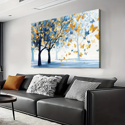 Grande galerie d'art sur toile tendue, arbre abstrait dans un bocage doré aux tons bleus, art printanier inspiré de la nature pour le salon et la chambre à coucher