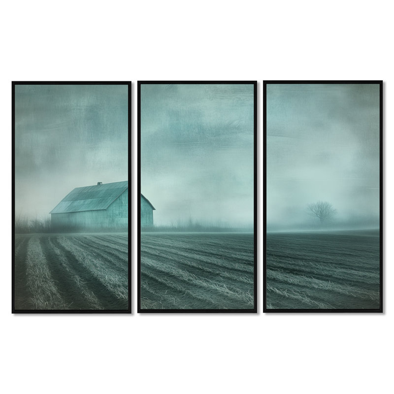 Décoration murale 3 pièces bleu sarcelle Misty Country Field I, H 32 po x l 48 po, Cadre flottant noir