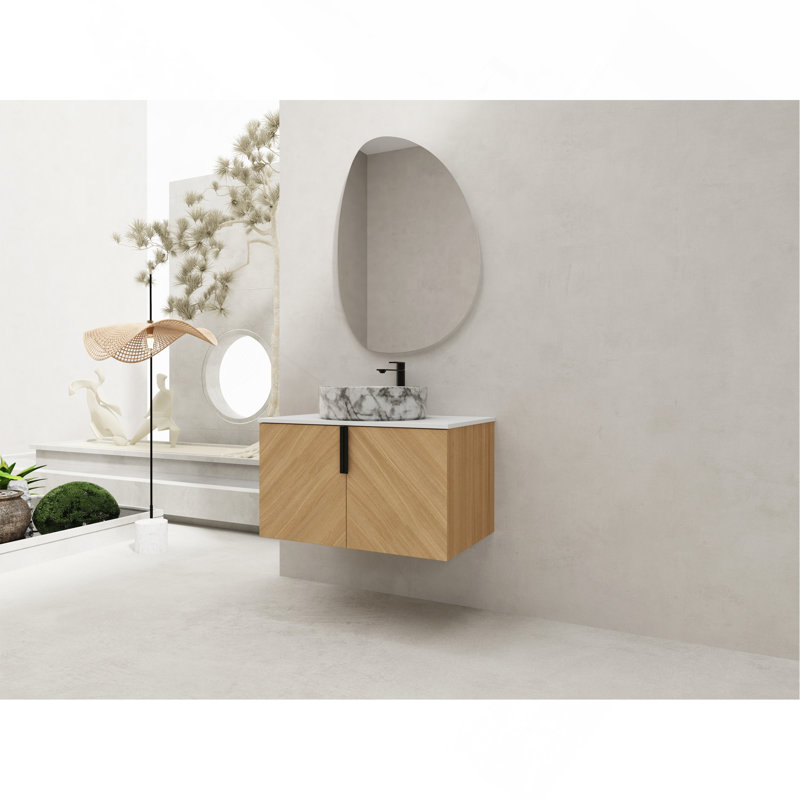 Meuble-lavabo de 30 po avec lavabo d'art en céramique et dalle de pierre artificielle, porte à fermeture en douceur, montage mural, contreplaqué
