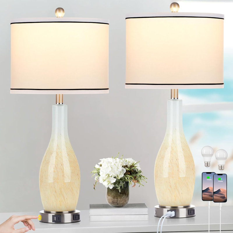 27" Yellow Glass Table Lamp Set with USB Ports and Nightlight