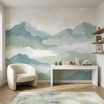 Papier peint abstrait paysage de montagne avec décoration murale brumeux amovible
