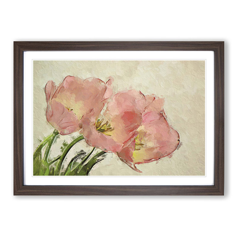 Pink Tulip Art in Abstract - Picture Frame Painting Print, 27cm H x 36cm W x 2cm D, Walnut Framed