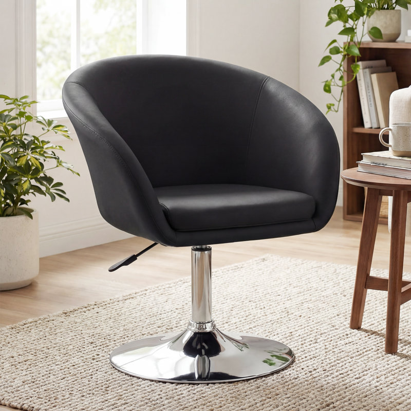 Yelena Faux Leather Swivel Accent Chair with Height Adjustable Chrome Base, Black