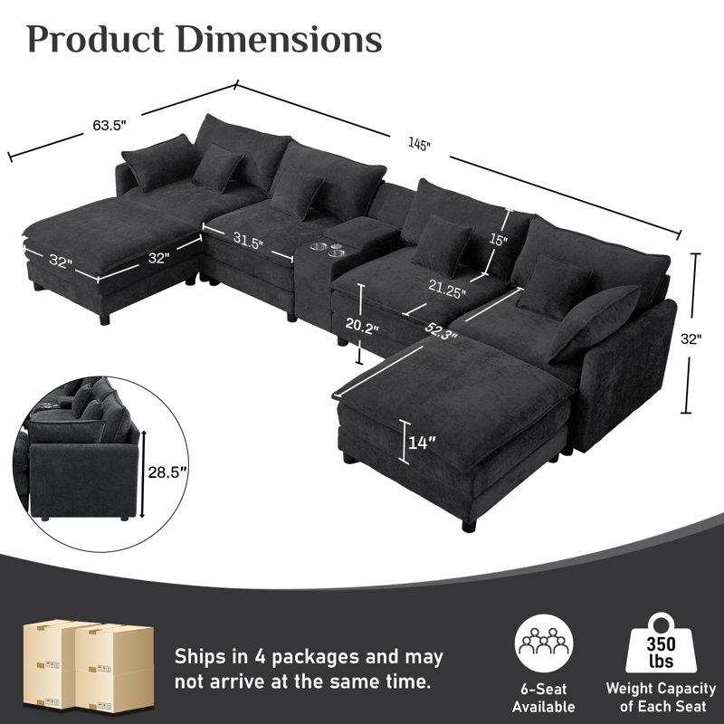 145"W U-Shape Sectional With Console & Cup Holders And USB Ports,  Black Gray