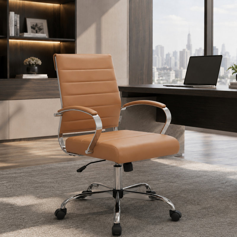 Fauteuil de conférence en cuir Benmar à dossier moyen pivotant et inclinable, Single, Brun