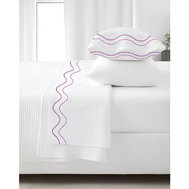 Double Wavy Embroidered Cotton 4 Piece Sheet Set Fitted Sheet Fits Upto 16" Deep Pocket, Lilac Border