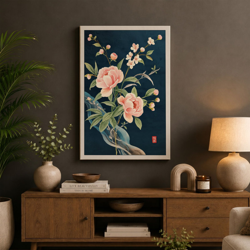 Roses in Teal Japandi - Wrapped Canvas, 18x12 - 45.7 x 30.5 cm, Ochre Border