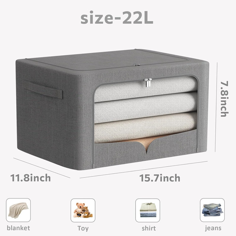 3 Pack Clothes Storage Bins Foldable Metal Frame Storage Box Stackable Linen Fabric Organizer Set With Carrying Handles And Clear Window (15.7X11.8X7.8Inch(22L))