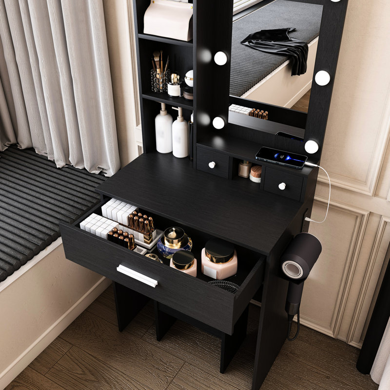 Black Vanity With Adjustable Led Lights, Power Socket, Hairdryer Holder And Upholstered Stool - American Modern Classic Style For Small Bedrooms, Compact Refined Material Table Mirror, Outlet, In