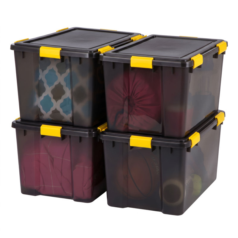 19 Gal. Plastic Storage Bin with Buckles, Black (4-Pack)