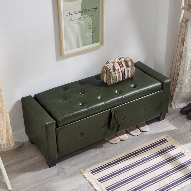 Banc avec repose-pieds 48 po avec rangement, banc pour chambre à coucher, salon, couloir, repose-pieds capitonné en similicuir capitonné vert foncé