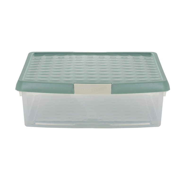 Wham Clip 2x 13.2L Square Plastic Storage Boxes with Secure Clip Lock Lids. L:39.5 x W:39.5 x H:12cm Clear/Green Milieu/Stone