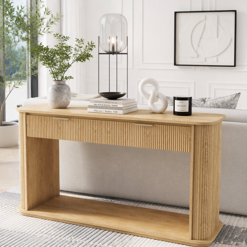 Console cannelée avec plateau en faux travertin et garniture or rose