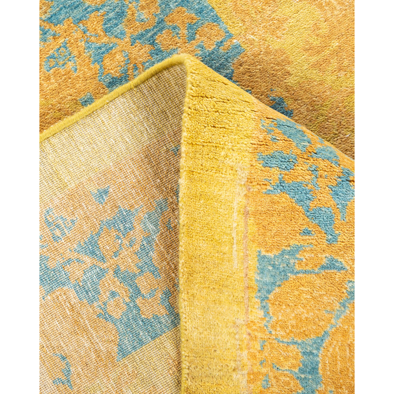 Tapis jaune / bleu noué à la main de conception unique 4 pi 1 po x 5 pi 10 po Vedrana Mogul