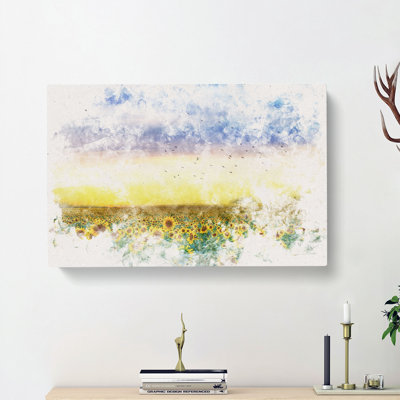 Flock Of Birds Above Sunflowers - Wrapped Canvas