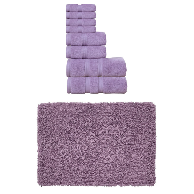 Bruno Collection 100% Soft Cotton Bath Towel Set & 21x34" Bath Rug, Purple, 9 Piece Towel Set