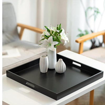 Modern Extra Large Black Ottoman Tray, 20 Inch Decorative Serving Tray with Cutout Handles for Coffee Table & Living Room Home Decor