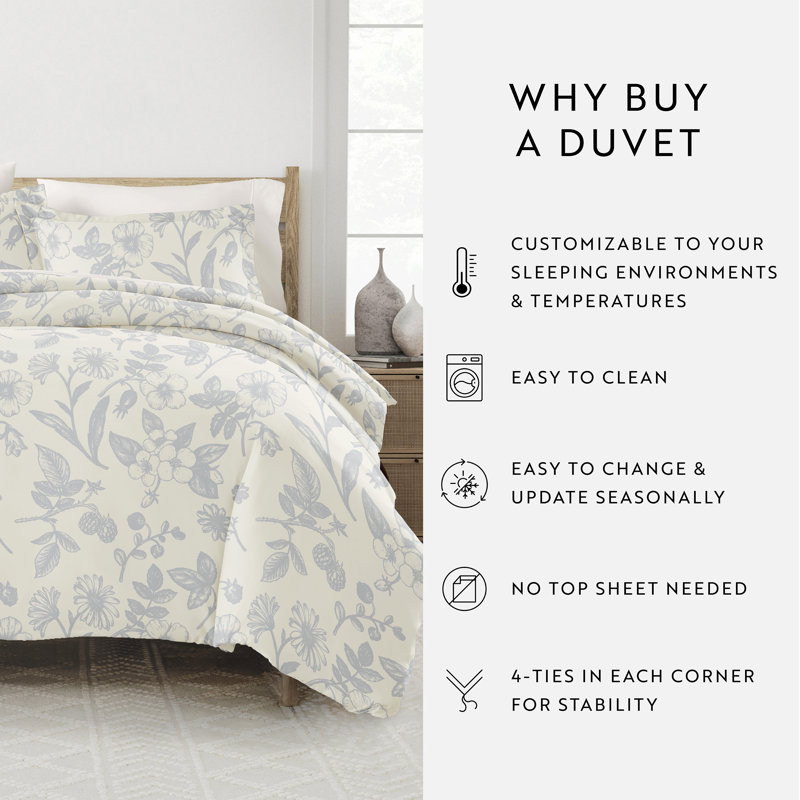 Light Blue Floral Microfiber Full/Queen Duvet Cover Set