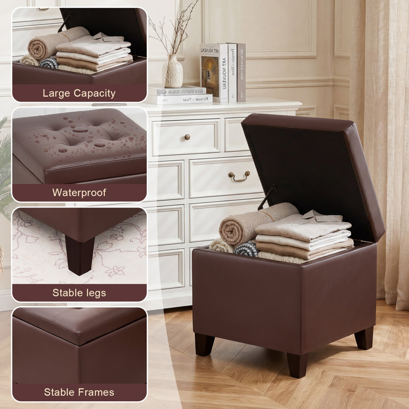 Amoya Faux Leather Square Storage Ottoman with Tufted Lid, Brown
