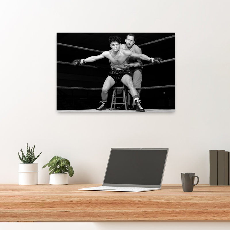 1950S Boxer In Ring With Coach Trainer Holding Him Back Arms Stretched Holding Ropes On Either Side Determined Aggressive Classic Retro Vintage Wal...