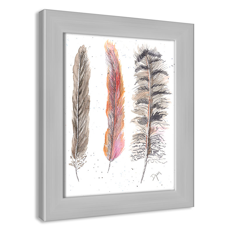 Art juvénile, plumes de plumes II, H 12 po x l 10 po x P 0,6 po, Cadre argenté