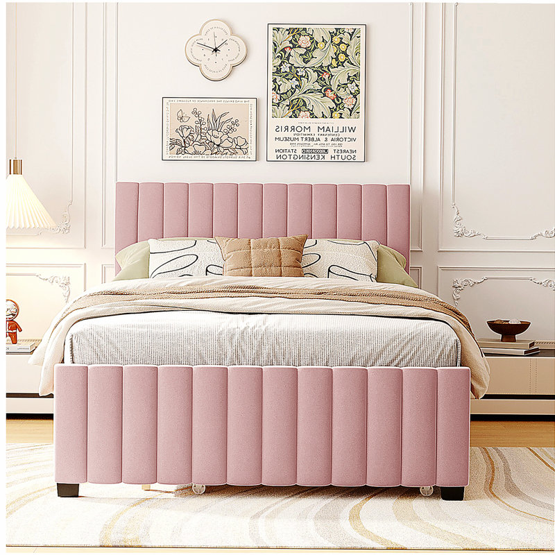 Lit plateforme double en velours avec plateau de rangement simple, Rose