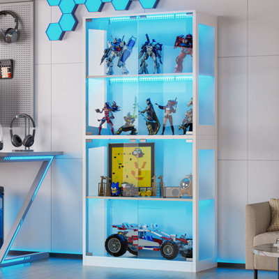 Display Cabinet With Glass Doors, 4-tier Curio Display Case, Collectibles Display Shelf With 12 Color Lights, Toy Bookshelf And Bookcase Cabinet For Collectible Playroom, Living Room