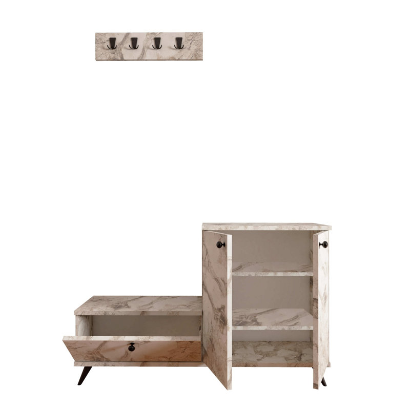 Modern Hall Stand with Shoe Cabinet & Coat Rack, Ephesus Marble, 47.2 x 29.9 x 11.8 inches | 100% Melamine Coated Particle Board, 0.71 inches Thick | Includes Drawer & Numerous Shelves, Wall-Mountable Design