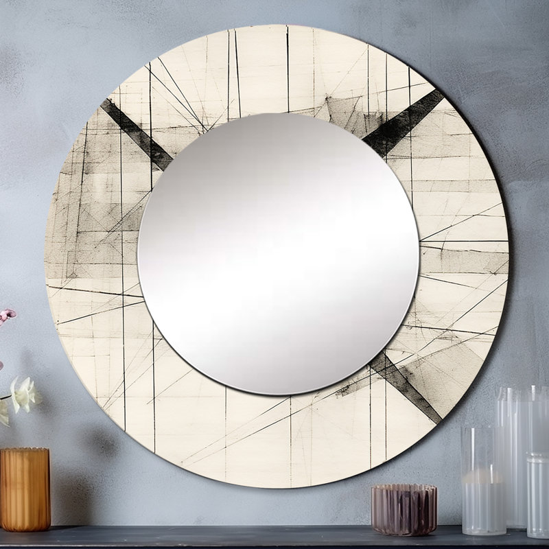 Minimalist Black And White VI - Abstract Shapes Round Mirror 36 Inch, 29" x 29"