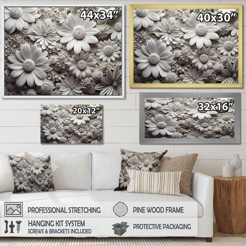 Collage de fleurs saisonnières noir et blanc, Cadre flottant blanc, H 30 po x l 40 po x P 1,5 po
