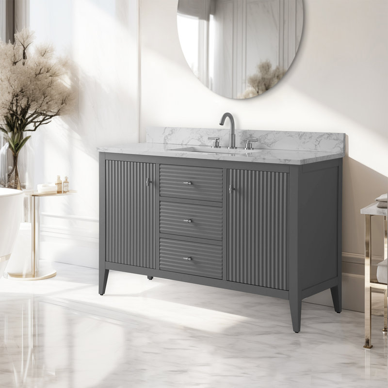 Ensemble de meuble-lavabo autoportant à simple cuve 48 po avec plateau en marbre Lavallon, Linéaire vert rétro, Noir mat
