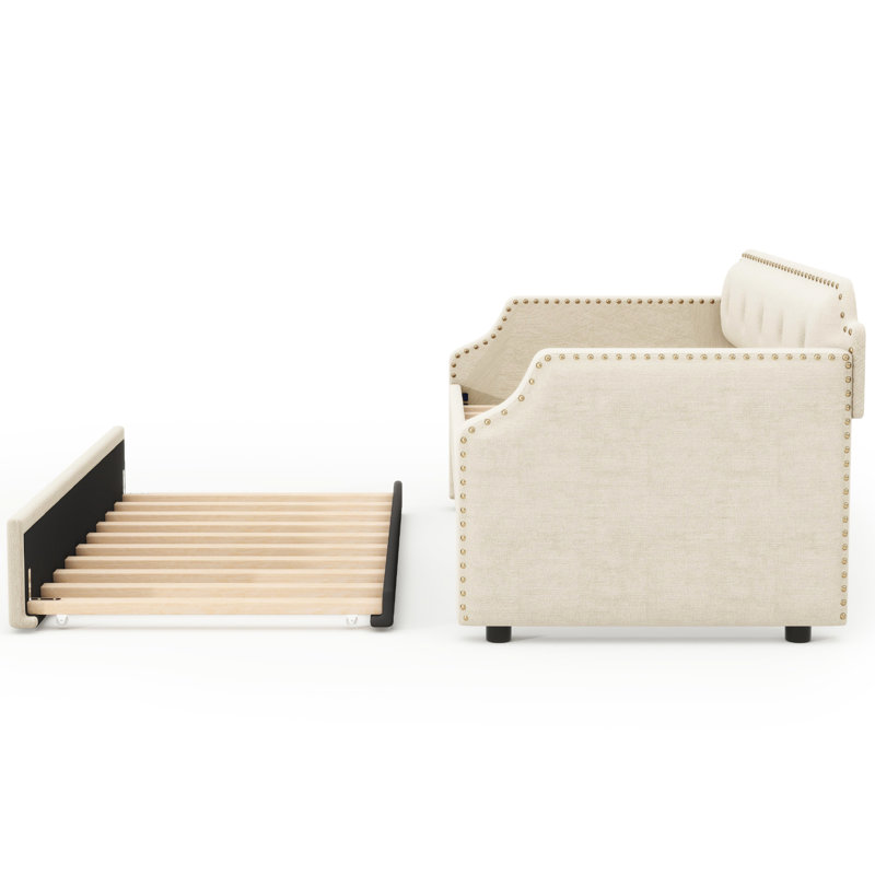 Twin Upholstered Daybed With Trundle, Beige Upholstery Cover Linen, For Guest Bedroom, Beige