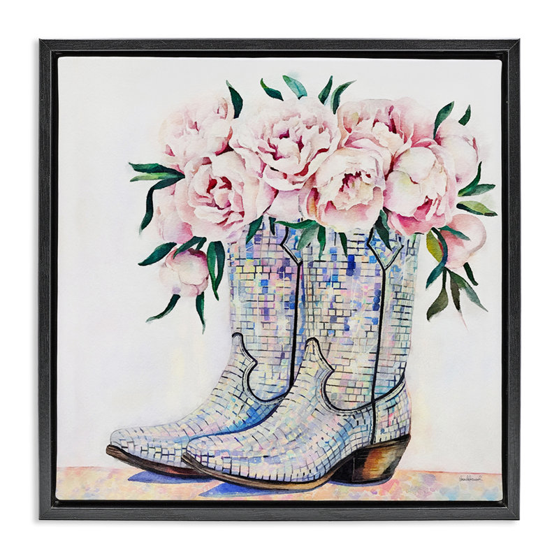 Cadre flottant rose avec bottes de cow-boy, design par Amanda Greenwood, H 25 po x l 25 po, Cadre flottant noir de jais