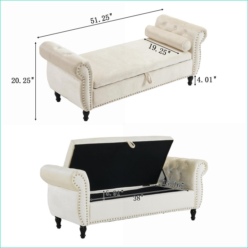 Banc de rangement repose-pieds en velours beige avec coussin | Structure en bois | Design classique, Beige
