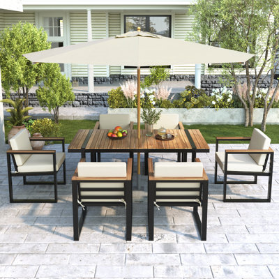 Ensemble repas d'extérieur 7 pièces avec coussins amovibles pour le patio, la cour et les rassemblements de jardin, bois d'acacia durable et structure en acier