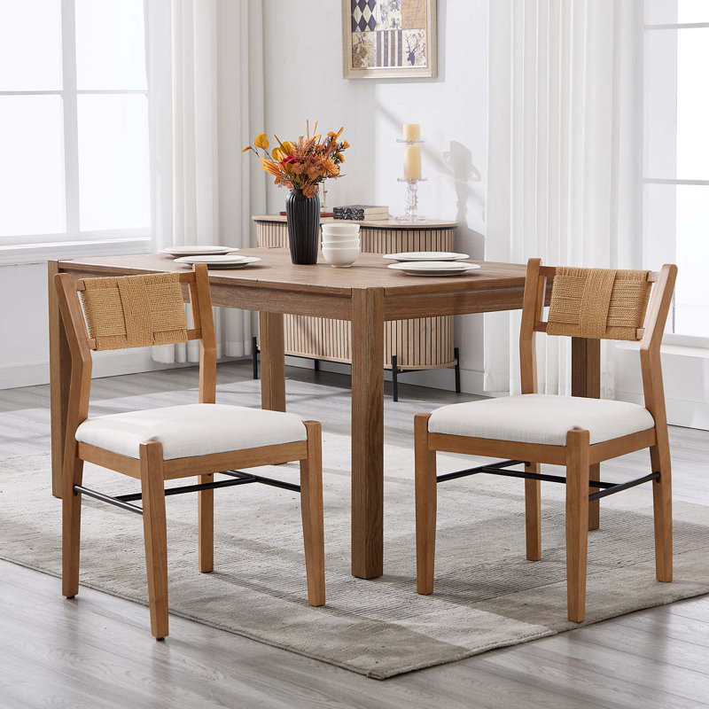 Farmhouse Solid Wood Dining Chairs With Braided Rope Backrest, Upholstered Dining Chairs For Dining Room Parlor, Brown, Beige