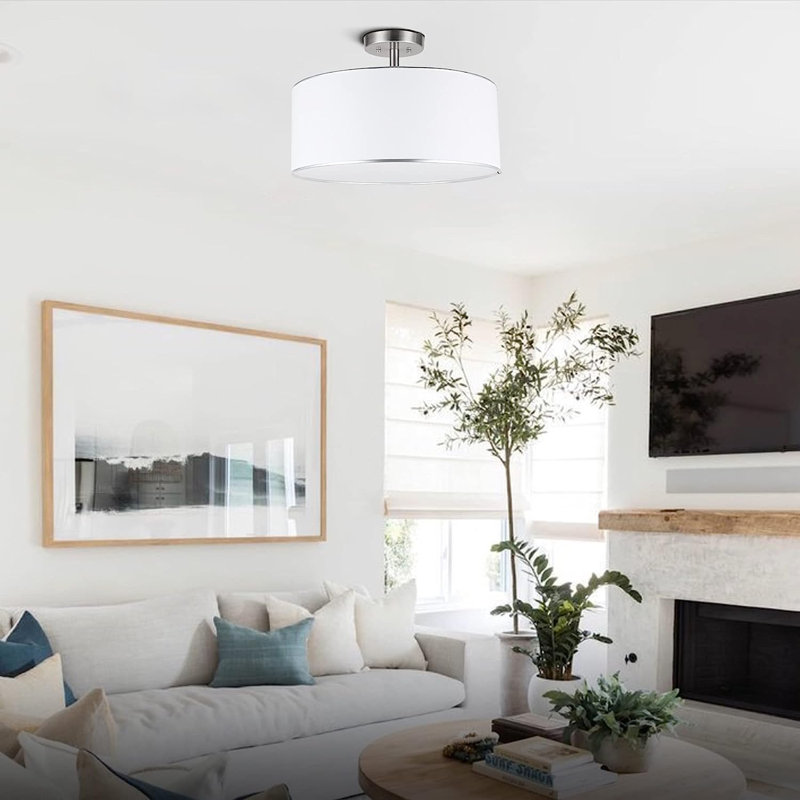Semi Flush Mount Ceiling Light, 3 Light Drum Ceiling Light, 18" Ceiling Lighting Fixture With Diffused Shade For Bedroom, Kitchen, Hallway, Dining Room Table