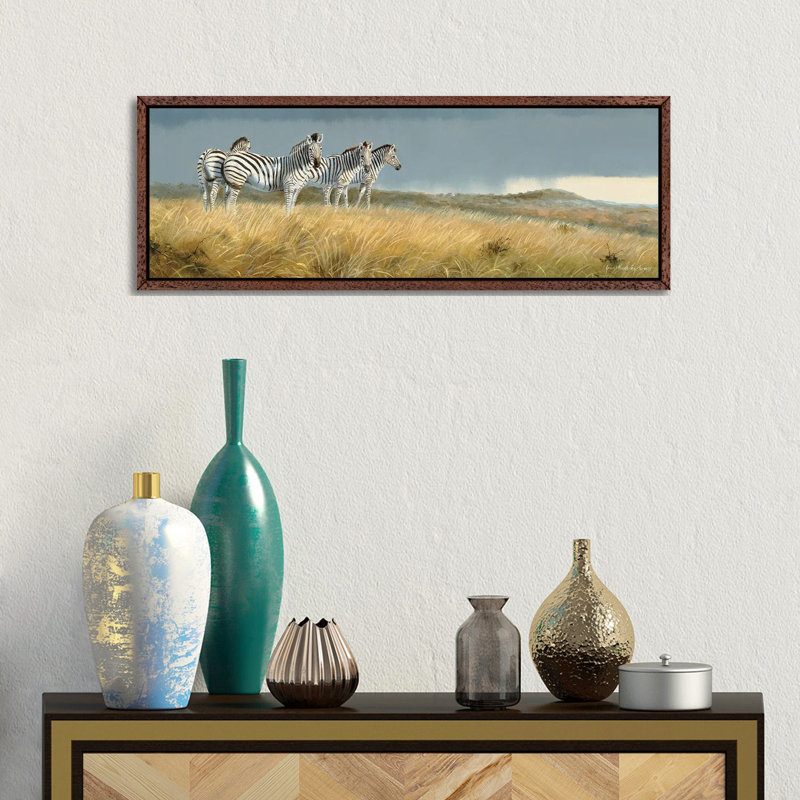 Zululand Zebras 1 Piece Panoramic Wall Art on Canvas, 30.48 cm H x 91.44 cm W x 4.445 cm D, Classic Wood Floater Framed