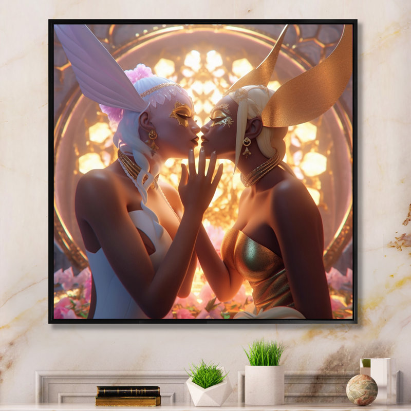 " Goddess Couple Divine Kissing I ", Black Floater Frame, 16" H x 16" W x 1" D